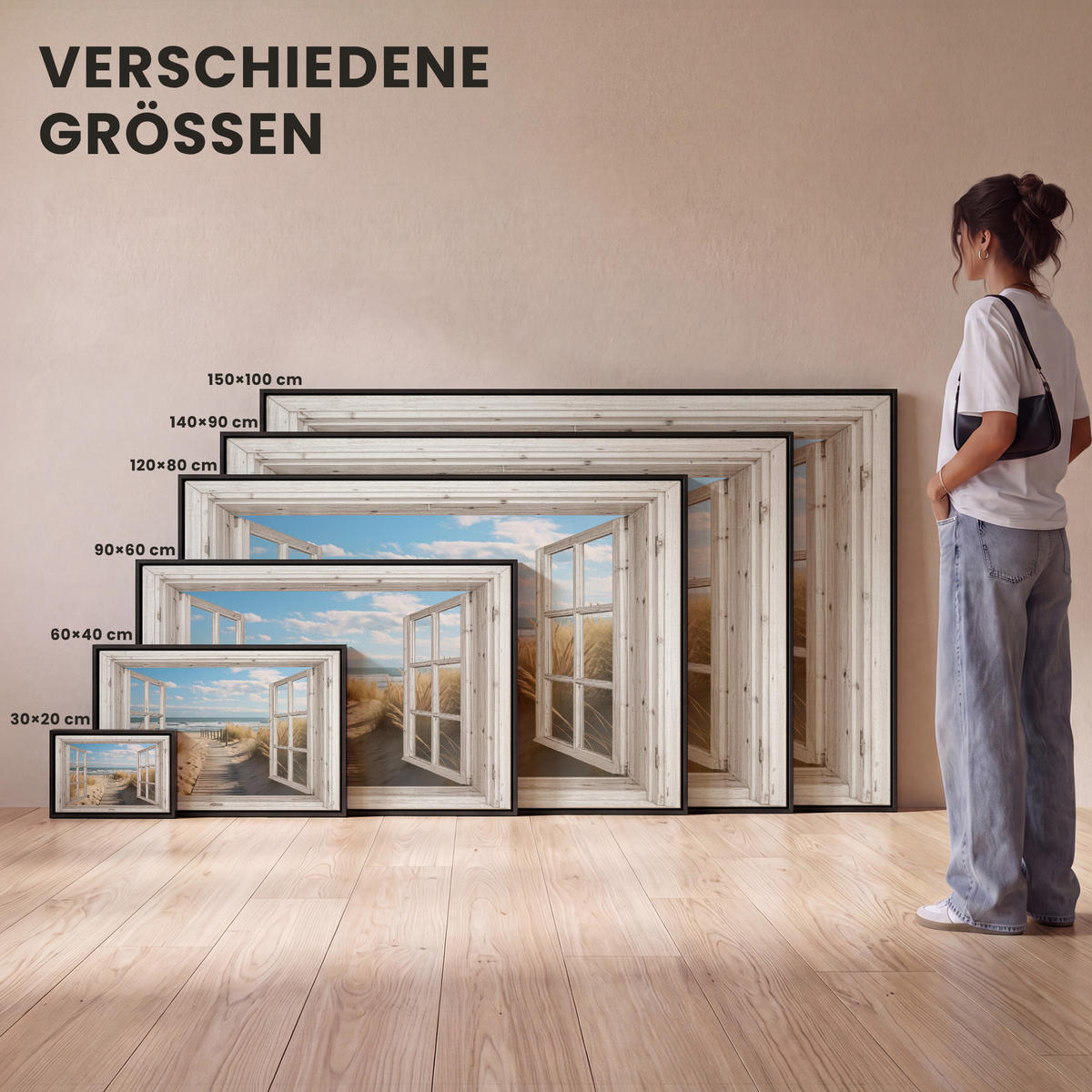 LEINWAND Bilder mit Rahmen - Fenster - Meer - Küste - Natur - Ausblick - Strand - Wattenmeer - 150x100 - Beige, Textil (150/100cm) - MuchoWow