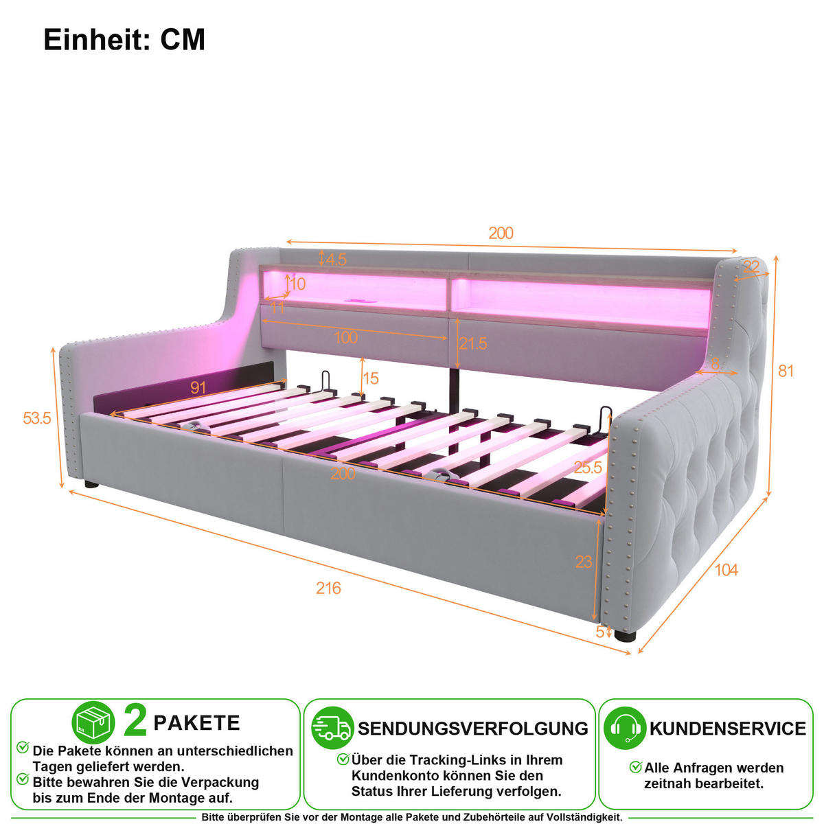 SCHLAFSOFA 90/200 cm in Hellgrau mit Bettkasten, LED und USB Samt - Hellgrau, Holzwerkstoff/Textil (90/200cm) - CHICFURN