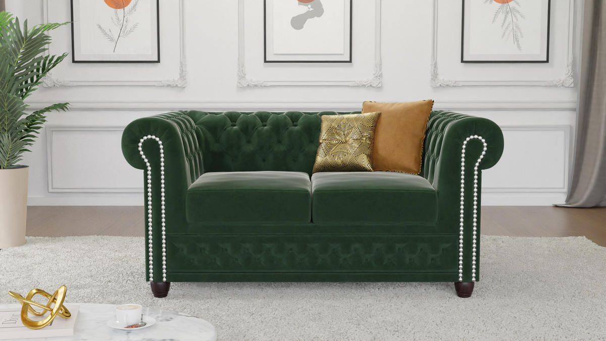 CHESTERFIELD-SOFA 2-sitzer mit Schlaffunktion Nyx Flasche grün Samt - Smaragdgrün/Braun, Holz/Textil (148/72/86cm) - S-Style Möbel