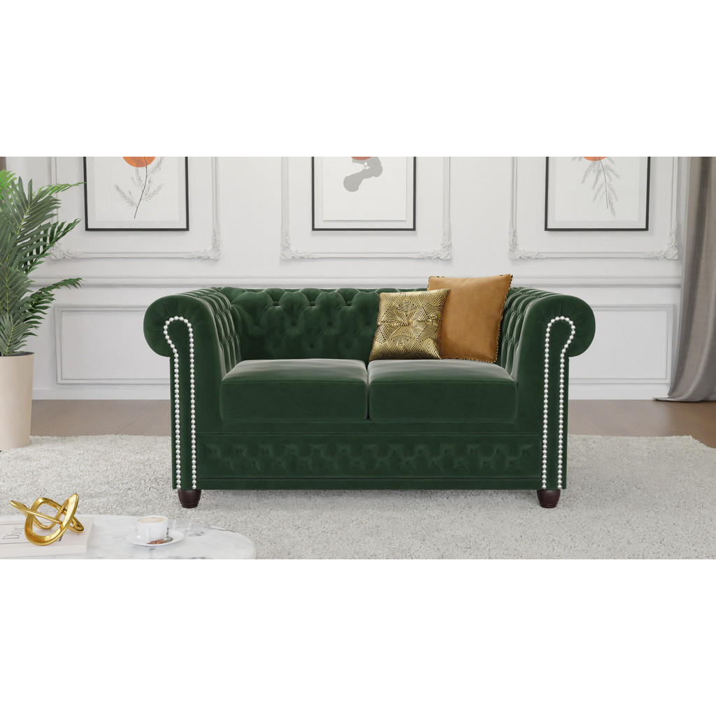 Thumbnail - S-Style Möbel Chesterfield-Sofa, Smaragdgrün, Textil, Echtholz, Teilmassiv,Buche, Birke, 2-Sitzer, Füllung: Komfortschau...