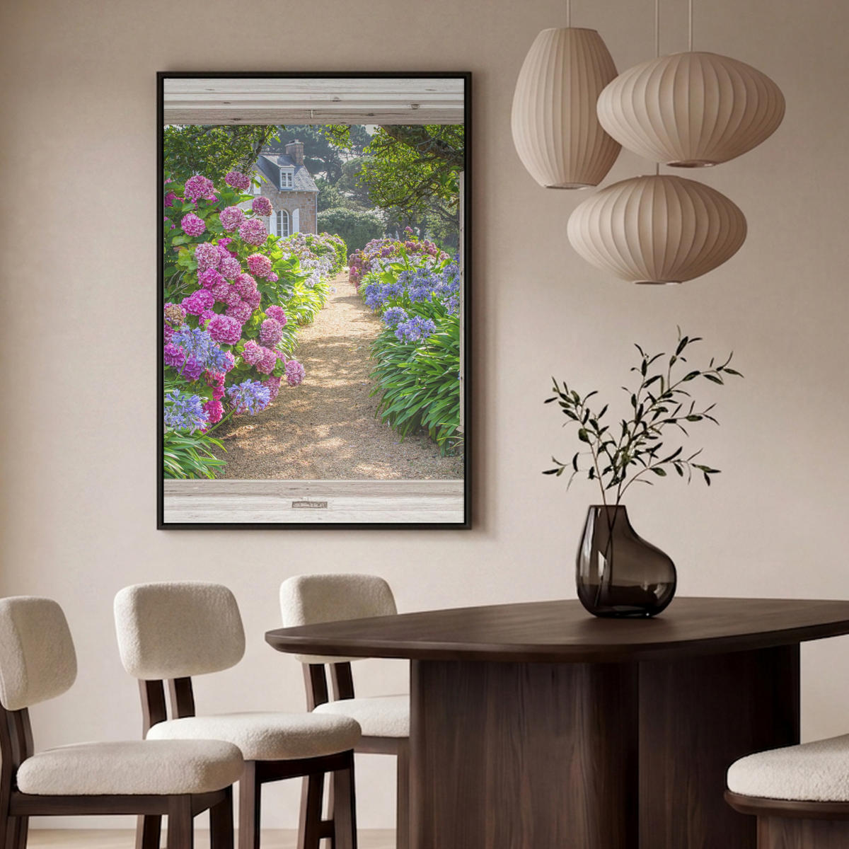 LEINWAND Bilder mit Rahmen - Hortensie - Durchsichtig - Blumen - Sommer - Lila - Weg - 80x120 - Lila, Textil (80/120cm) - MuchoWow