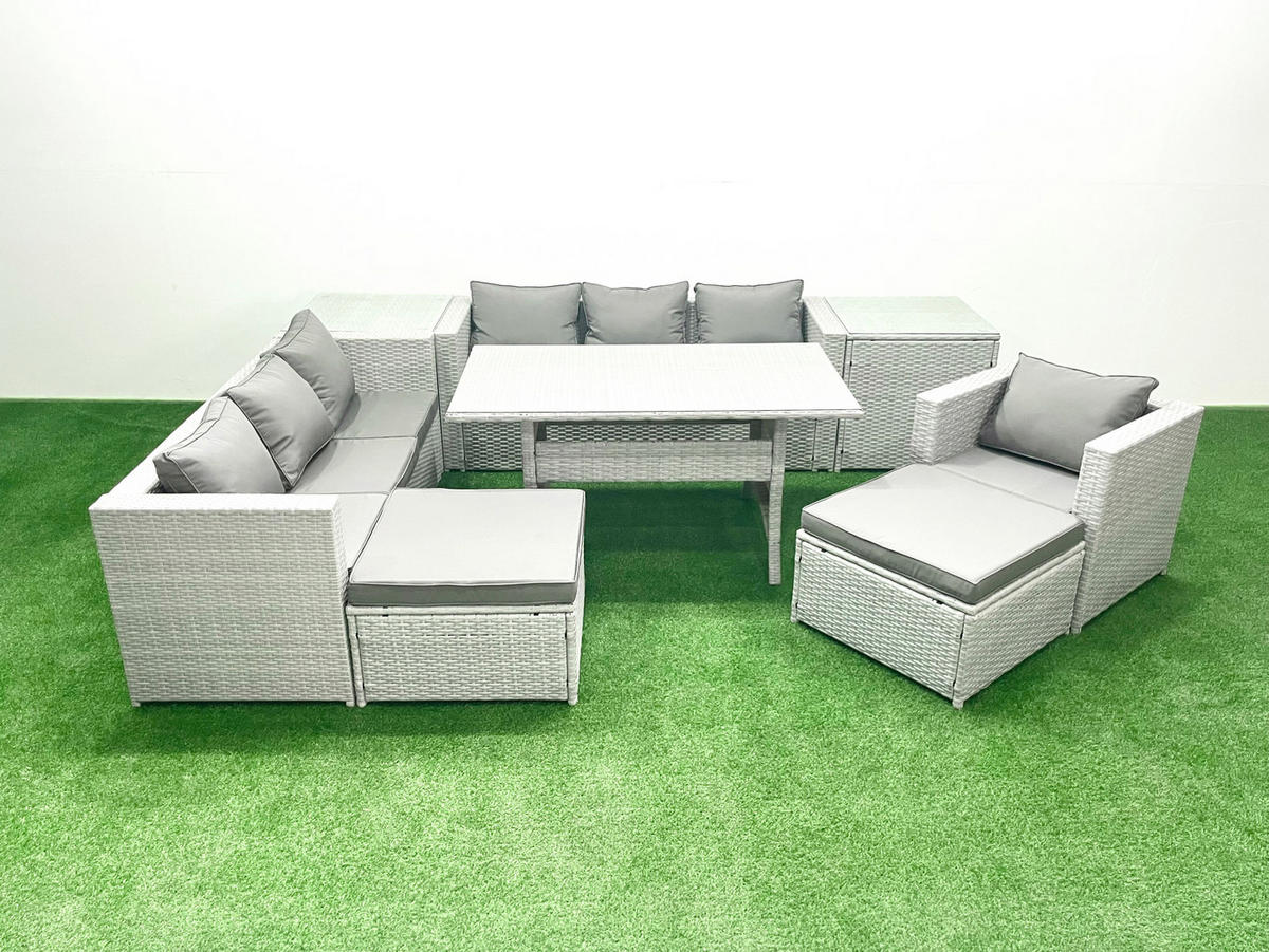 GARTENMÖBEL SET mit 3-Sitzer-Sofa und Sessel, Esstisch,2 Großer Hockern,2 Beistelltischen Polyrattan Hellgrau 9-Sitzer - Hellgrau/Grau, Glas/Kunststoff - Fimous