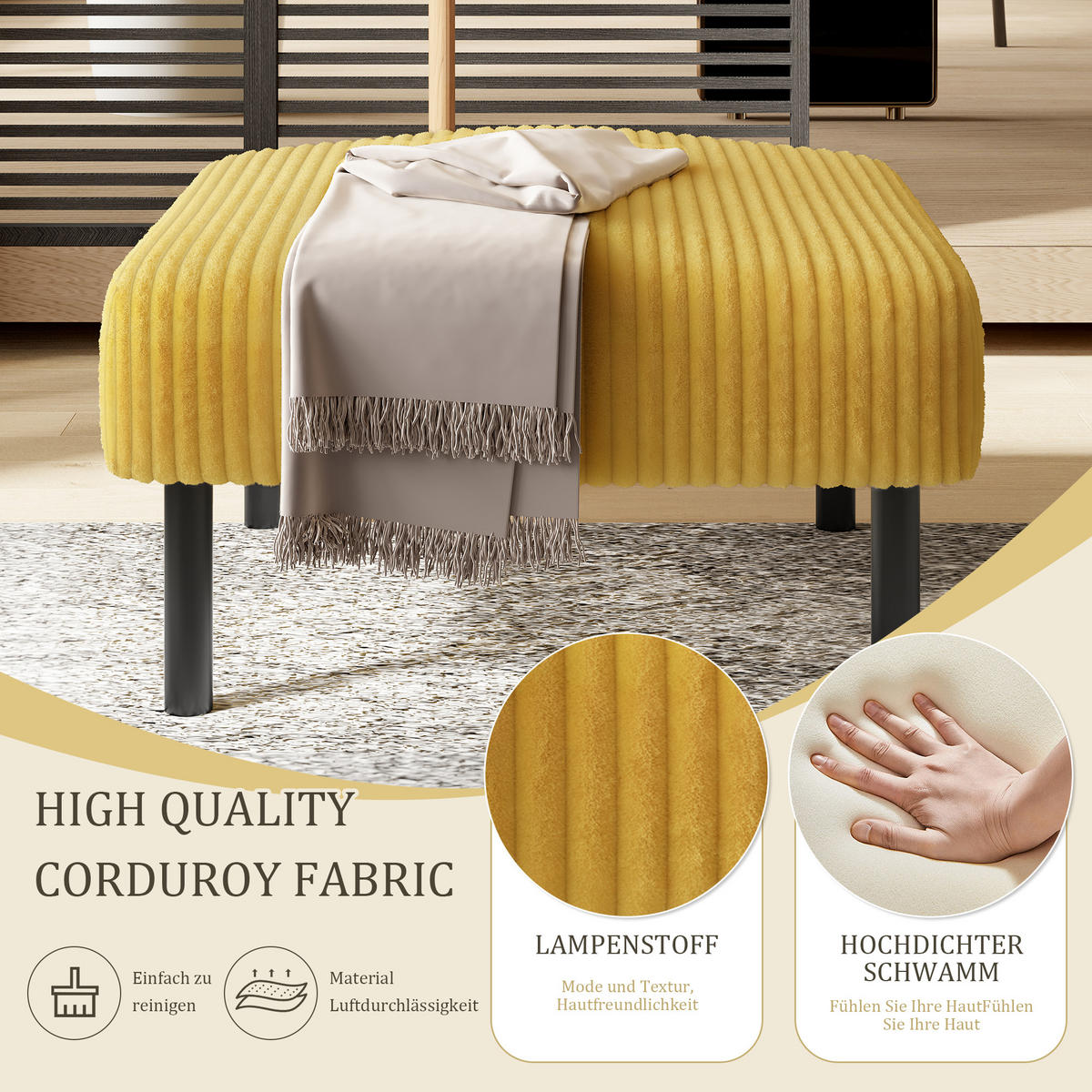 HOCKER Cord Gelb - Gelb, Textil/Metall (56/39/51cm) - WISHDOR