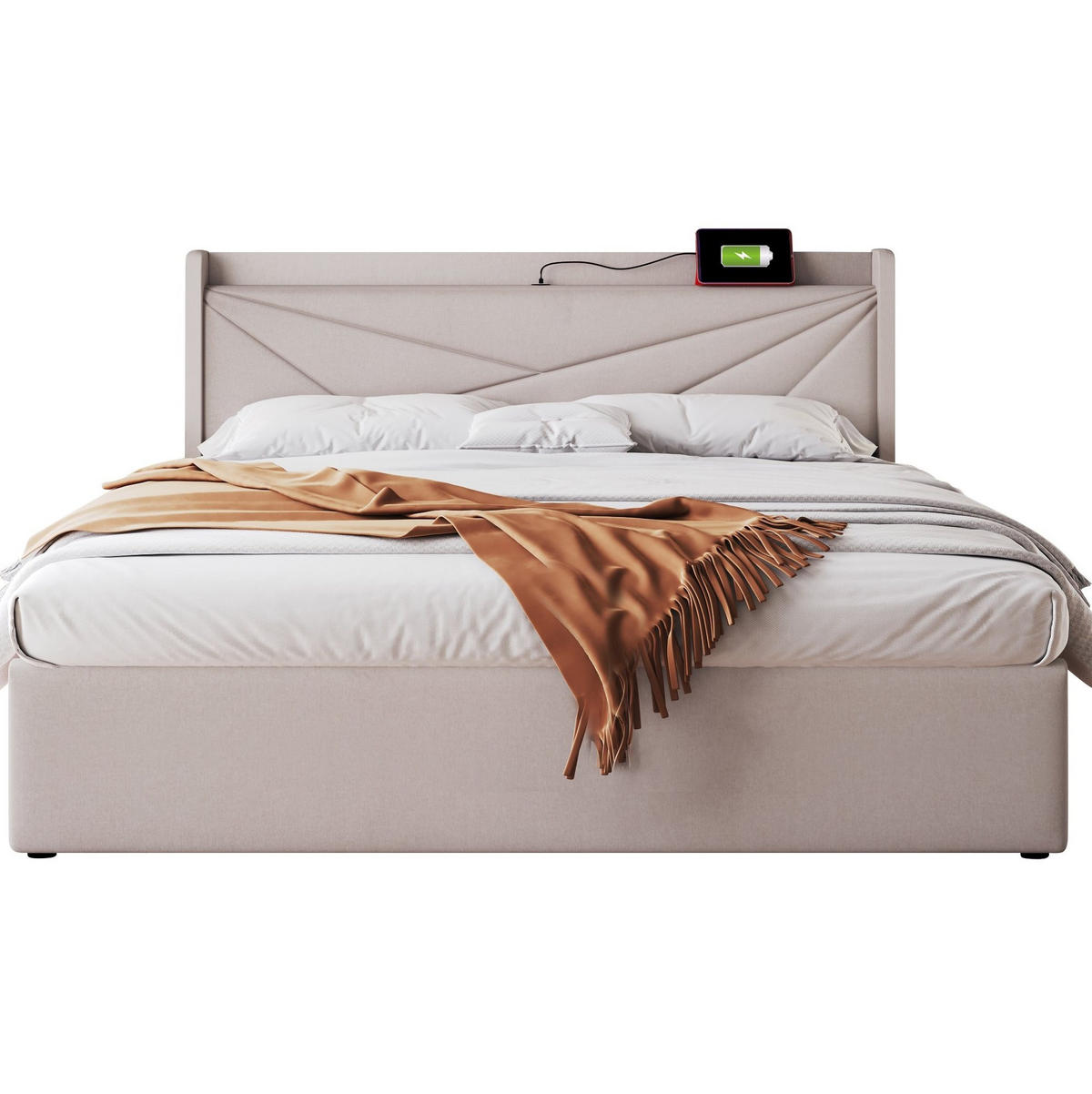 POLSTERBETT 140/190 cm aus Samt mit Bettkasten und Hydraulikfunktion Beige - Beige, Textil (140/190cm) - Modenvie