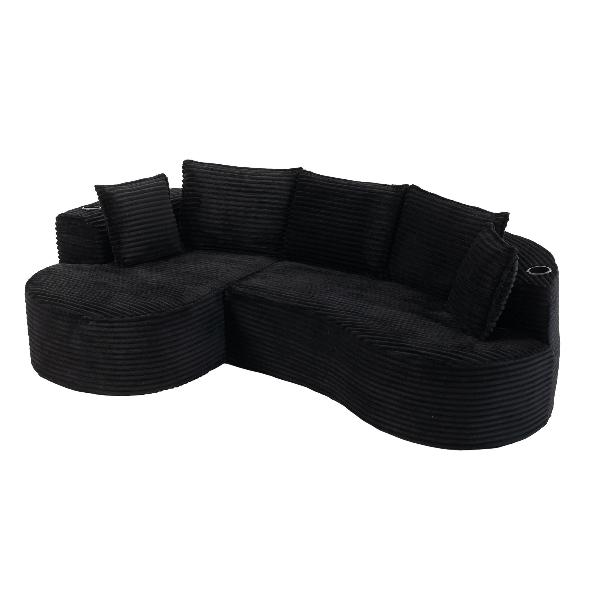 ECKSOFA Cord Schwarz mit Getränkehaltern, Seitentaschen und Kissen - Schwarz, Textil (250/152cm) - WISHDOR