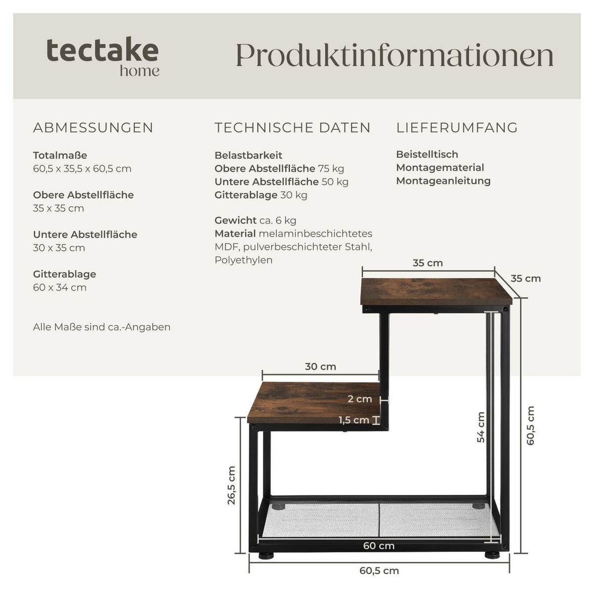 BEISTELLTISCH Halifax,60,5 x 35,5 x 60,5 cm,Industrial Holz dunkel, rustikal - Rostfarben, Holz (60.5/35.5/60.5cm) - tectake