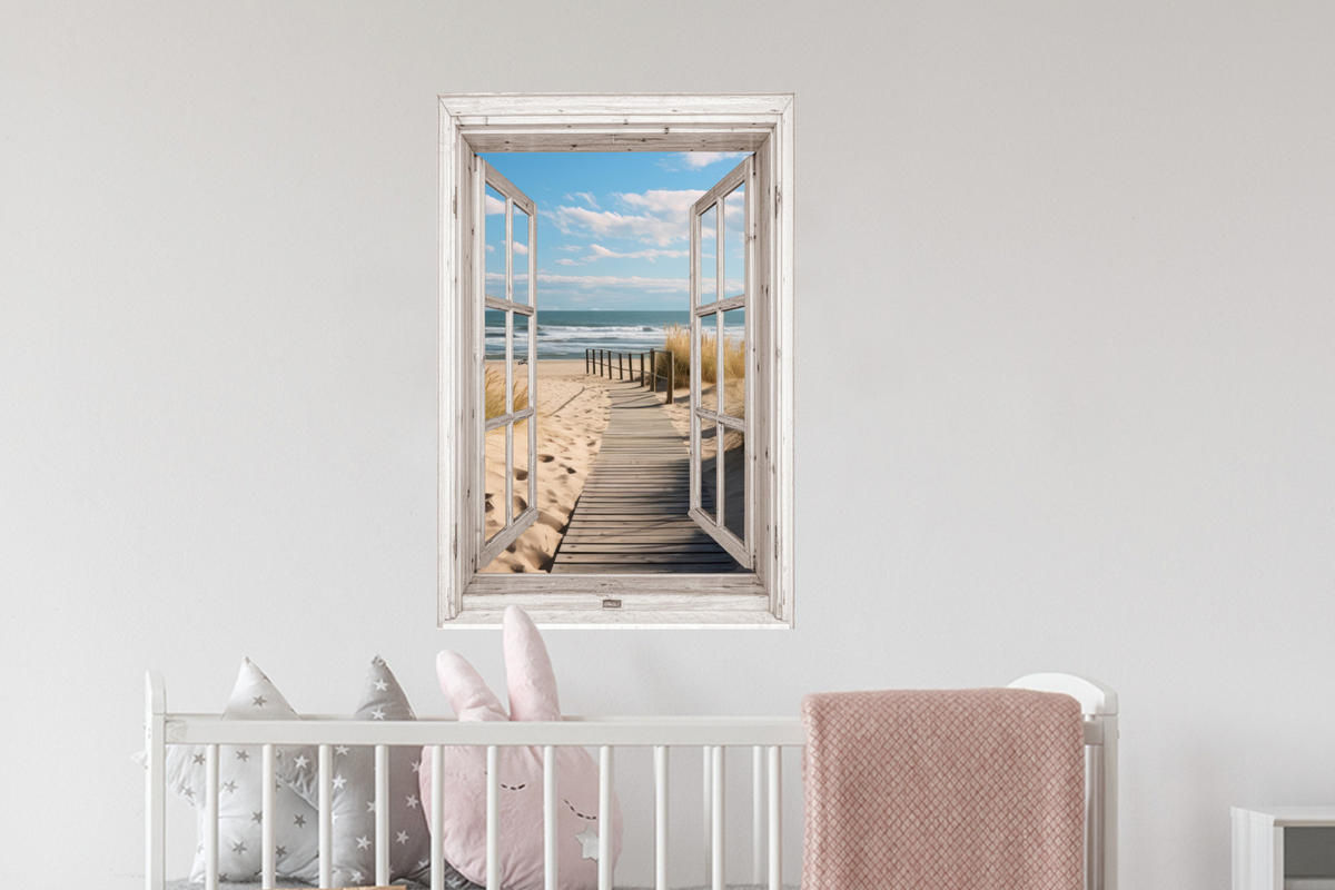 WANDTATTOO Fenster - Meer - Küste - Natur - Ausblick - Strand - Wattenmeer 40x60 cm - Beige, Kunststoff (40/60/0.1cm) - MuchoWow