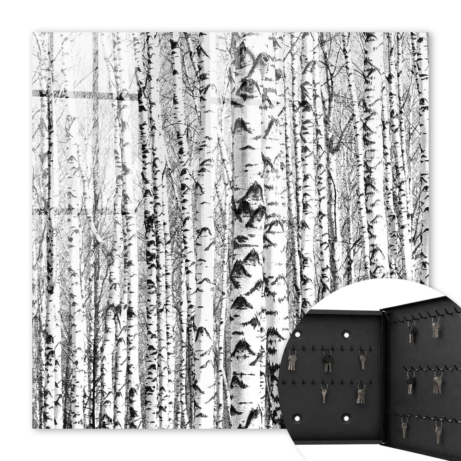 SCHLÜSSELBOX Schwarz 30x30 cm- Türöffnung nach rechts - Birkenwald - Weiß, Metall (30/30/5cm) - TULUP