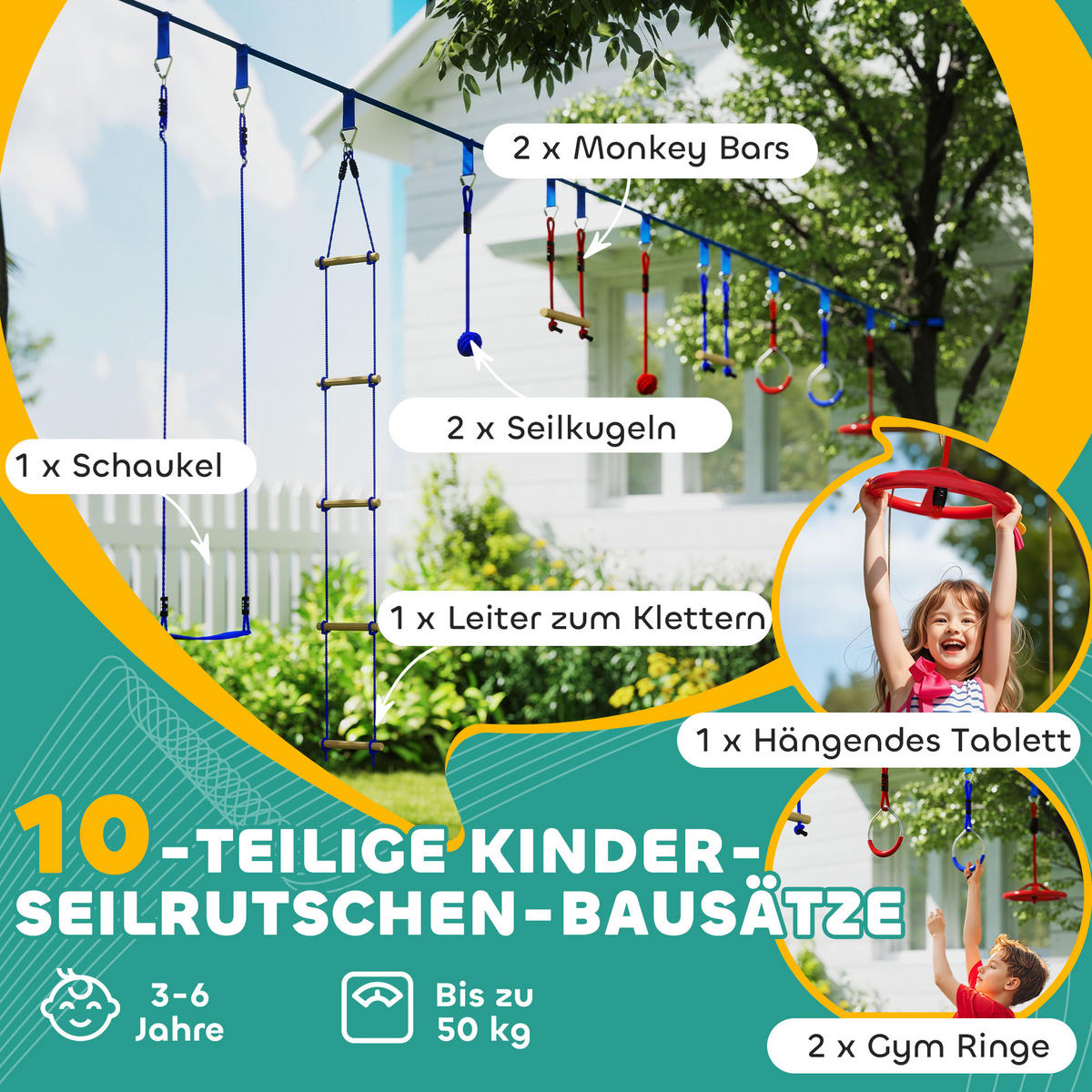 NINJA Warrior Hindernisparcours für Kinder 10 m Ninja Slackline Kit Blau - Blau, Kunststoff (5/1000cm) - AIYAPLAY
