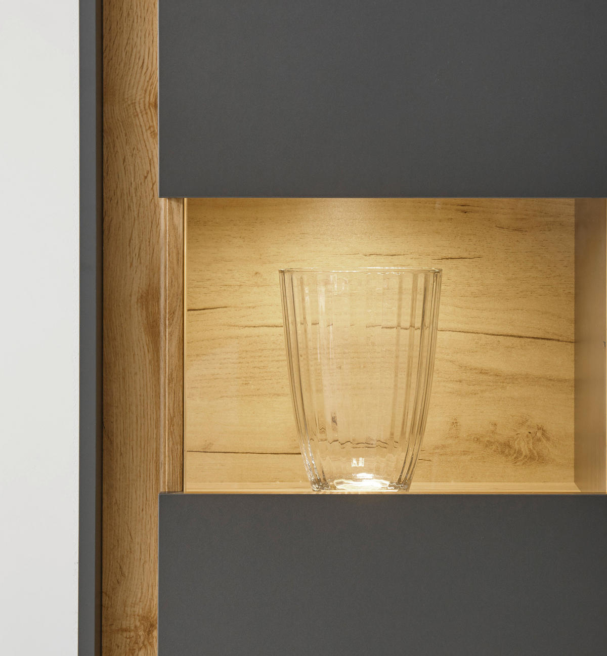 VITRINE grau matt, Eiche Wotan 50 x 197 cm, Vitrinenschrank 5 Fächer - Eiche Wotan/Schwarz, Glas/Holz (50/197/40cm) - Furn.Design