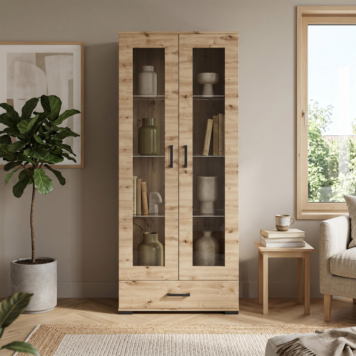 VITRINENSCHRANK ALBANO 186 x 80 cm Eiche Artisan - Eiche Artisan, Holzwerkstoff (80/186/40cm) - MASSENO