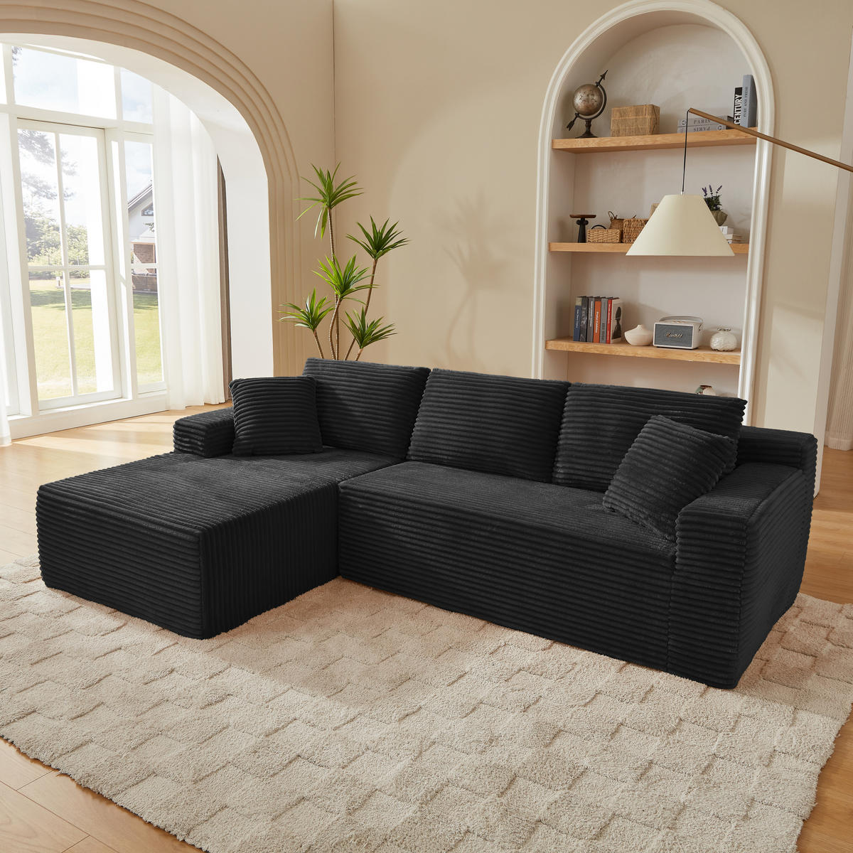 ECKSOFA 3-Sitzer Cord Schwarz mit Rücken- und Nackenkissen - Schwarz, Textil (252.5/163cm) - WISHDOR