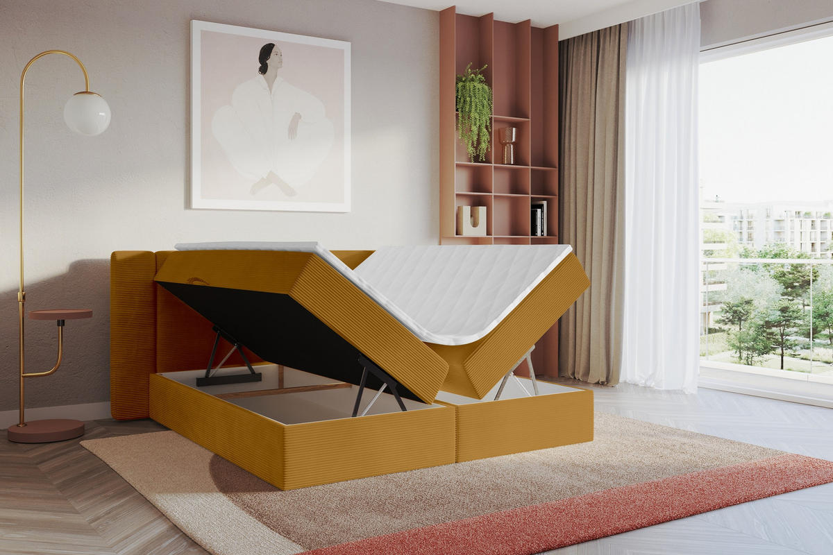 BOXBETT mit Matratze H4 - EVON - 140x200 cm Senfgelb - Dunkelgelb, Holzwerkstoff (140/200cm) - ALTDECOR