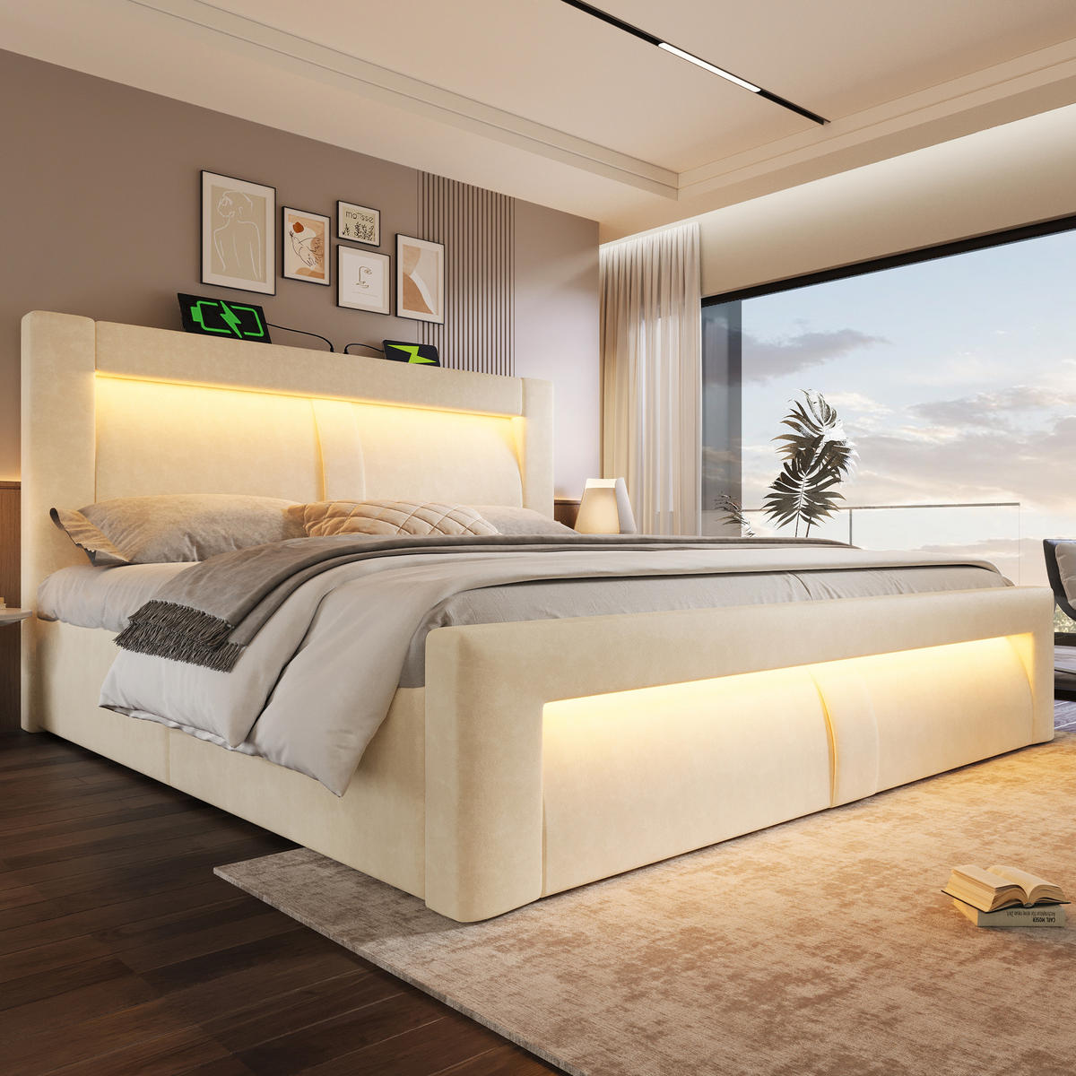 POLSTERBETT 160/200 cm Beige aus Samt mit Stauraum LED und USB-C-Ladestation mit Matratze - Beige, Textil (160/200cm) - OKWISH
