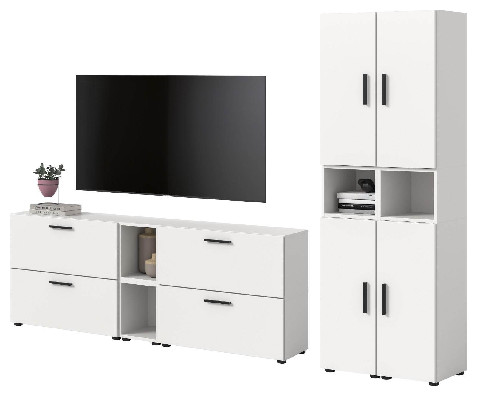 WOHNWAND weiß 256 x 178 cm, Schrankwand mit Soft-Close - Schwarz/Weiß, Holzwerkstoff/Kunststoff (256/151/34cm) - Inn.Furn