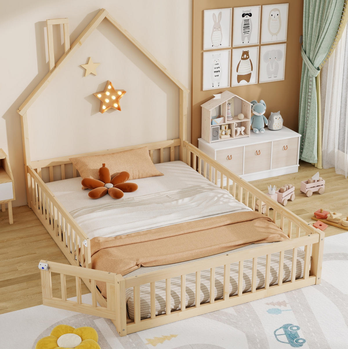 KINDERBETT 140/190 cm mit Lattenrost, Sicherheitsgitter und Schornsteinform, Natur - Naturfarben, Holz (140/190cm) - Redom