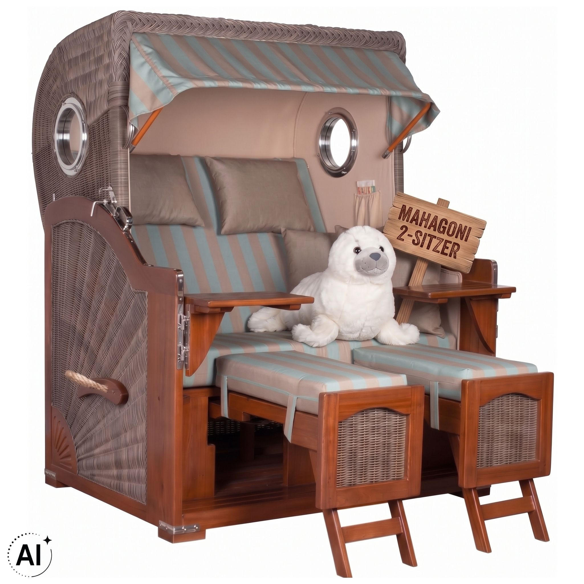 STRANDKORB 2-Sitzer Düne Mahagoni 520 - Türkis/Blaugrau, Holz (125/170/80cm) - Mr. Deko