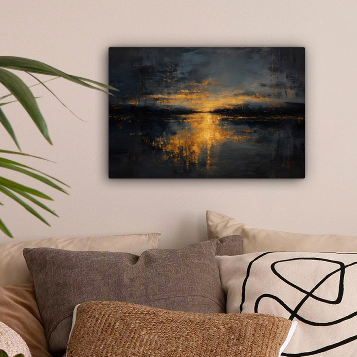 LEINWANDBILD Goldene Reflexion auf dem Wasser Deko Schlafzimmer 30x20 cm - Anthrazit, Textil (30/20cm) - MuchoWow