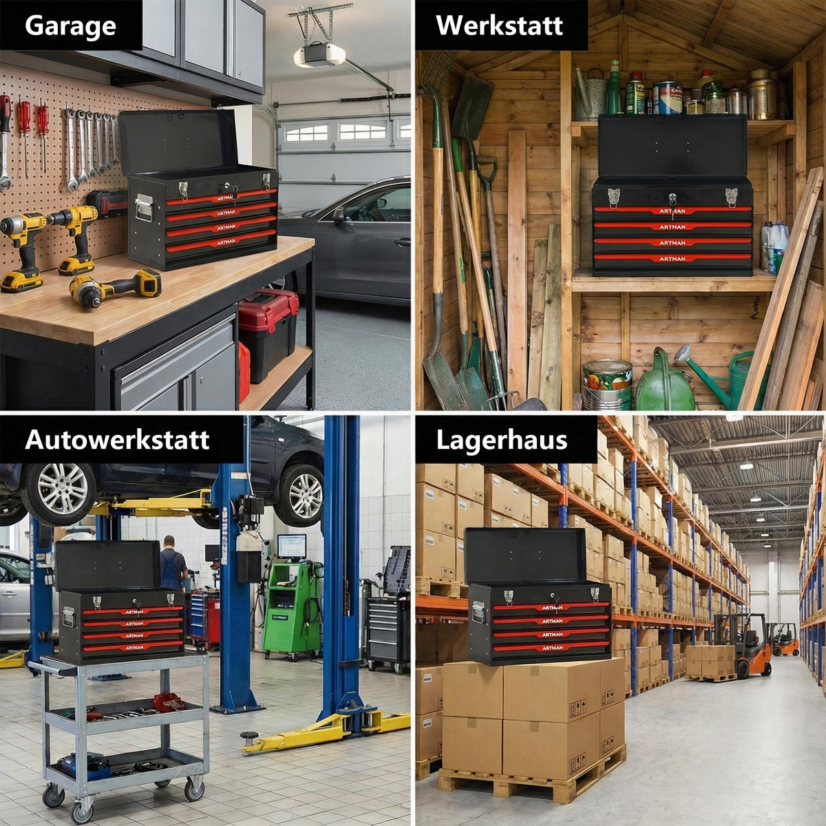 WERKZEUGKISTE 20 Zoll mit 3 Schubladen, pulverbeschichteter Stahl, Schwarz - Schwarz, Metall (22.3/34.5/53.2cm) - Novahome