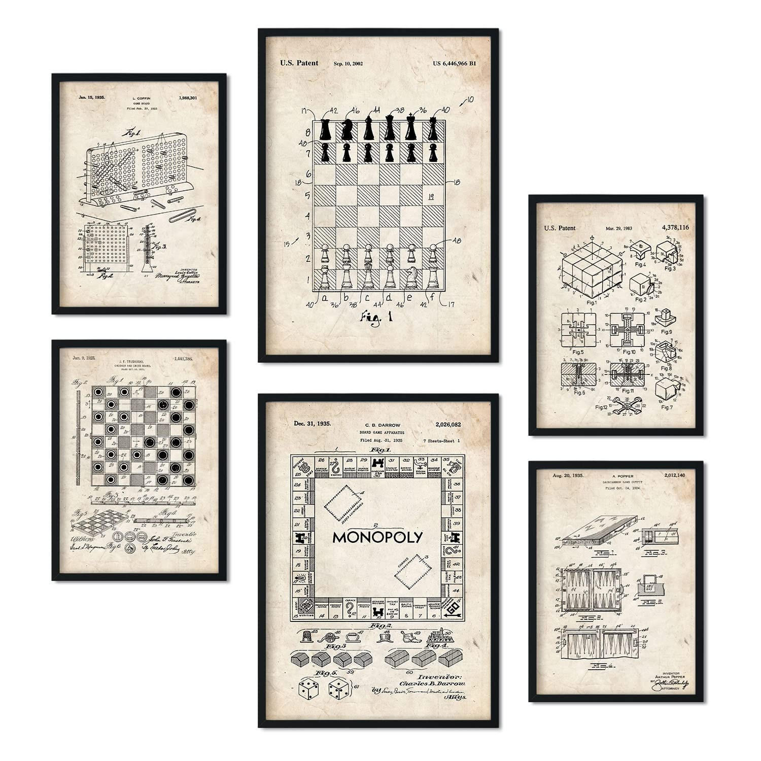POSTER Set Mit 6 Plakaten Mit Brettspiel Patenten Im Vintage Stil A3 & A4 Schwarzer Rahmen - Schwarz, Papier (29/3cm) - Nacnic