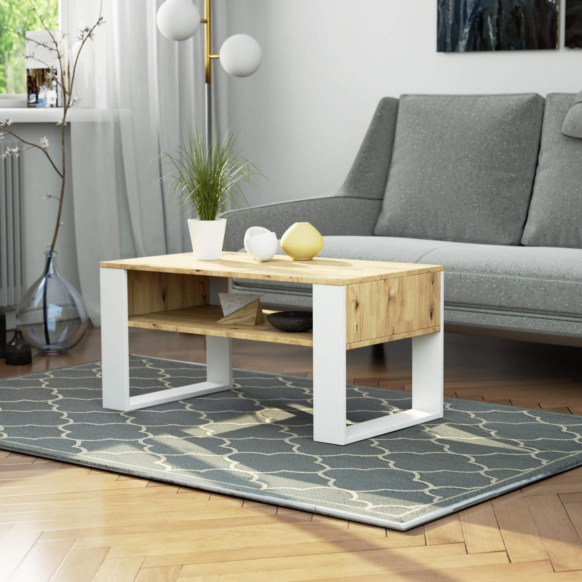 COUCHTISCH Rechteckig Eiche Artisan - Weiß 92/45/50 cm - Eiche Artisan/Weiß, Holzwerkstoff (50/92/45cm) - designimpex