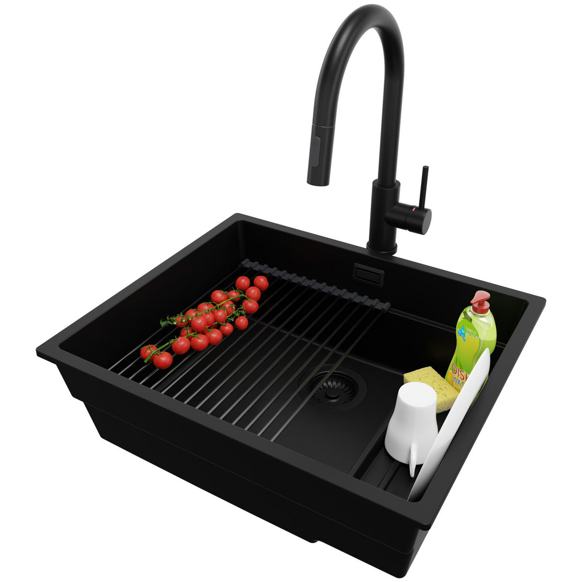 GRANITSPÜLE Praga Slim, 2-er set Schwarz 56/47 cm 1 Becken + Küchenarmatur 40/20 cm + Ablauf-Set + Aufrollbare Abtropffläche ab 60er Unterschrank - Schwarz, Kunststoff (56/20/47cm) - Primagran