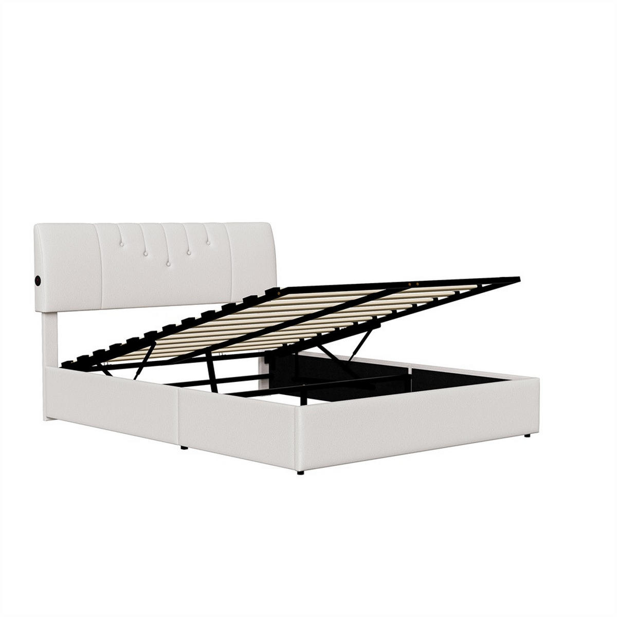 POLSTERBETT 140x200 cm mit hydraulischem Stauraum - USB-Ladeanschlüssen - Gepolstertes Kopfteil - ohne Matratze - Creme, Textil (140/200cm) - DELFA
