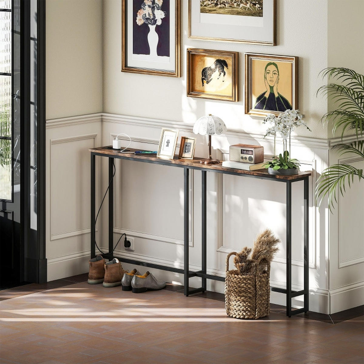 KONSOLENTISCH 160/20/80 cm braun aus Holz mit integrierter Ladestation - Braun, Holz (160/20/80cm) - OKWISH