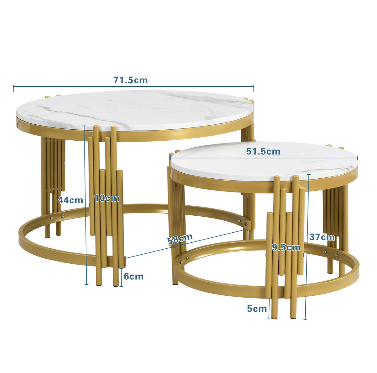SADA konferenčních stolků 72/58/44 cm bílá ve vzhledu mramoru z MDF a kovu - barva mosazi, kompozitní dřevo (71.5/58/44cm) - OKWISH