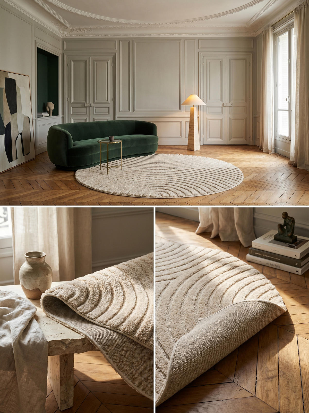 TEPPICH Wohnzimmer Hoch-Tief 3D-Effekt Organische Bögen mit 3D-Effekt OEKO-TEX 3D-Relief Boho Rund Beige 200x200 – RIGI - Beige, Textil (200/200cm) - KADIMA DESIGN