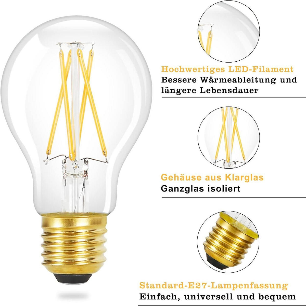 LED žárovky E27 4W (sada 6 ks) - průhledná, sklo (6/10.5cm) - Nettlife