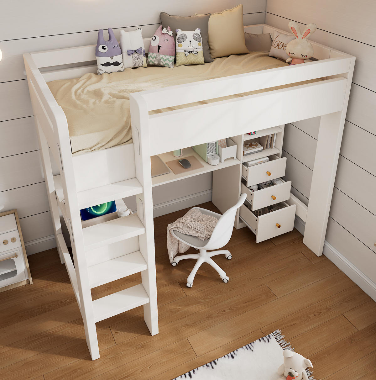 HOCHBETT 90/200 cm in Weiß mit Schreibtisch, Regalen, Schubladen und USB-Ladebereich - Weiß, Holzwerkstoff (90/200cm) - Flora Grace