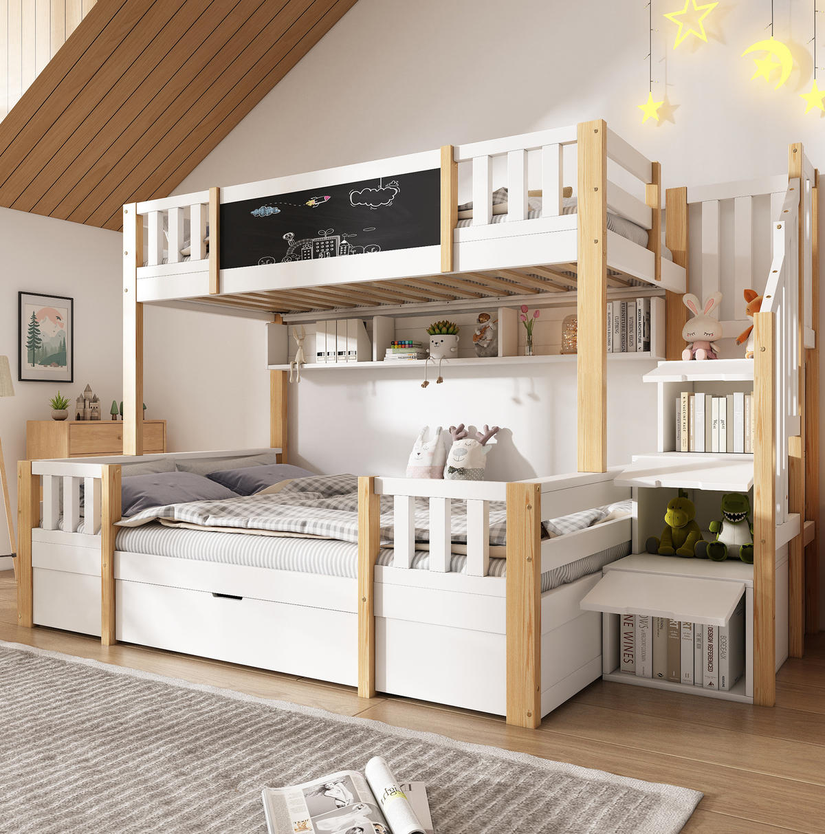 ETAGENBETT 90/140x200 cm mit Kreidetafel, Stauraum und Leiter - Weiß, Holzwerkstoff (90/200cm) - OKMYHOME
