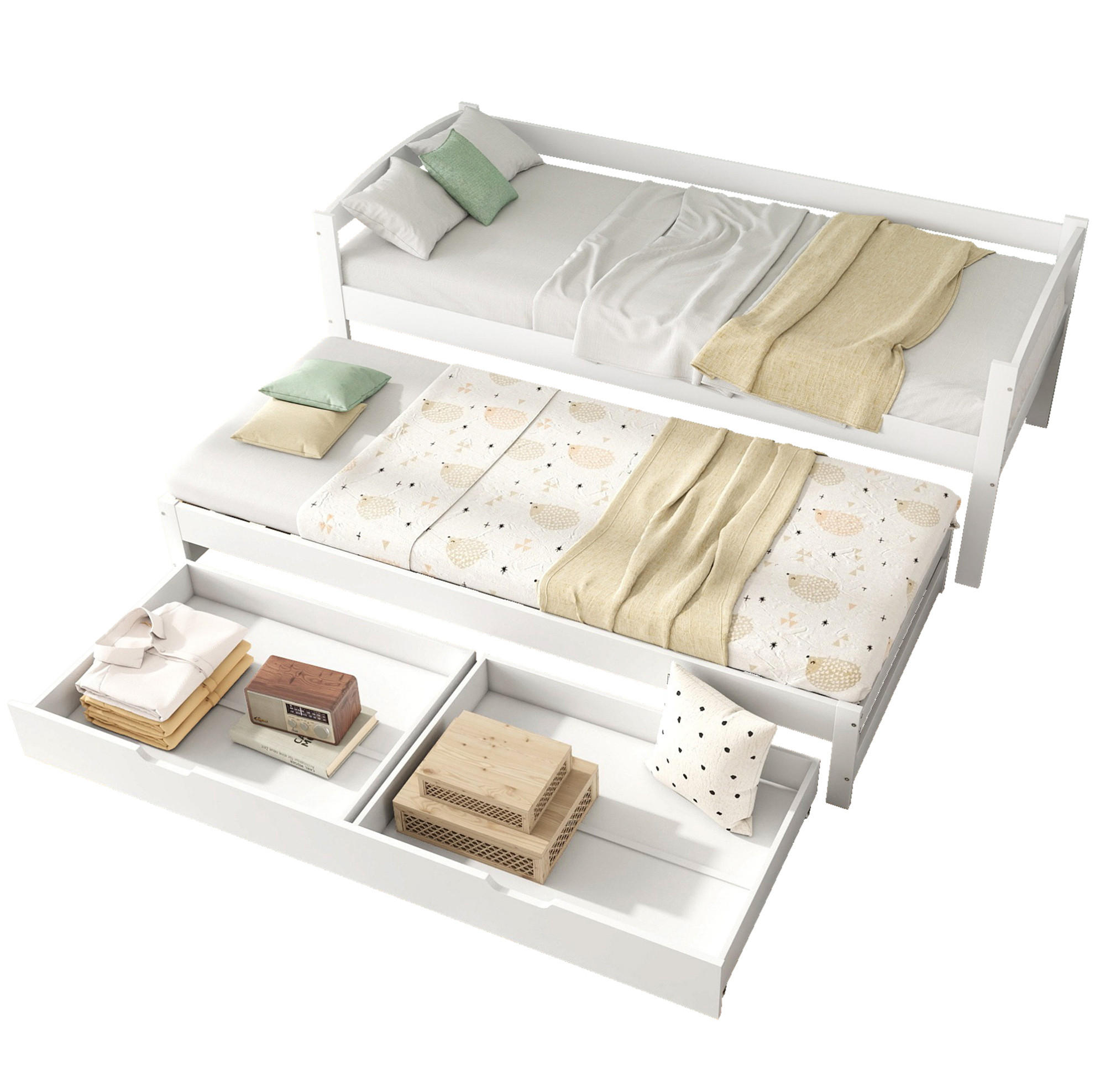 OKWISH DENNÍ postel 200/90 cm bílá z masivního dřeva a MDF s výsuvným lůžkem a 2 zásuvkami