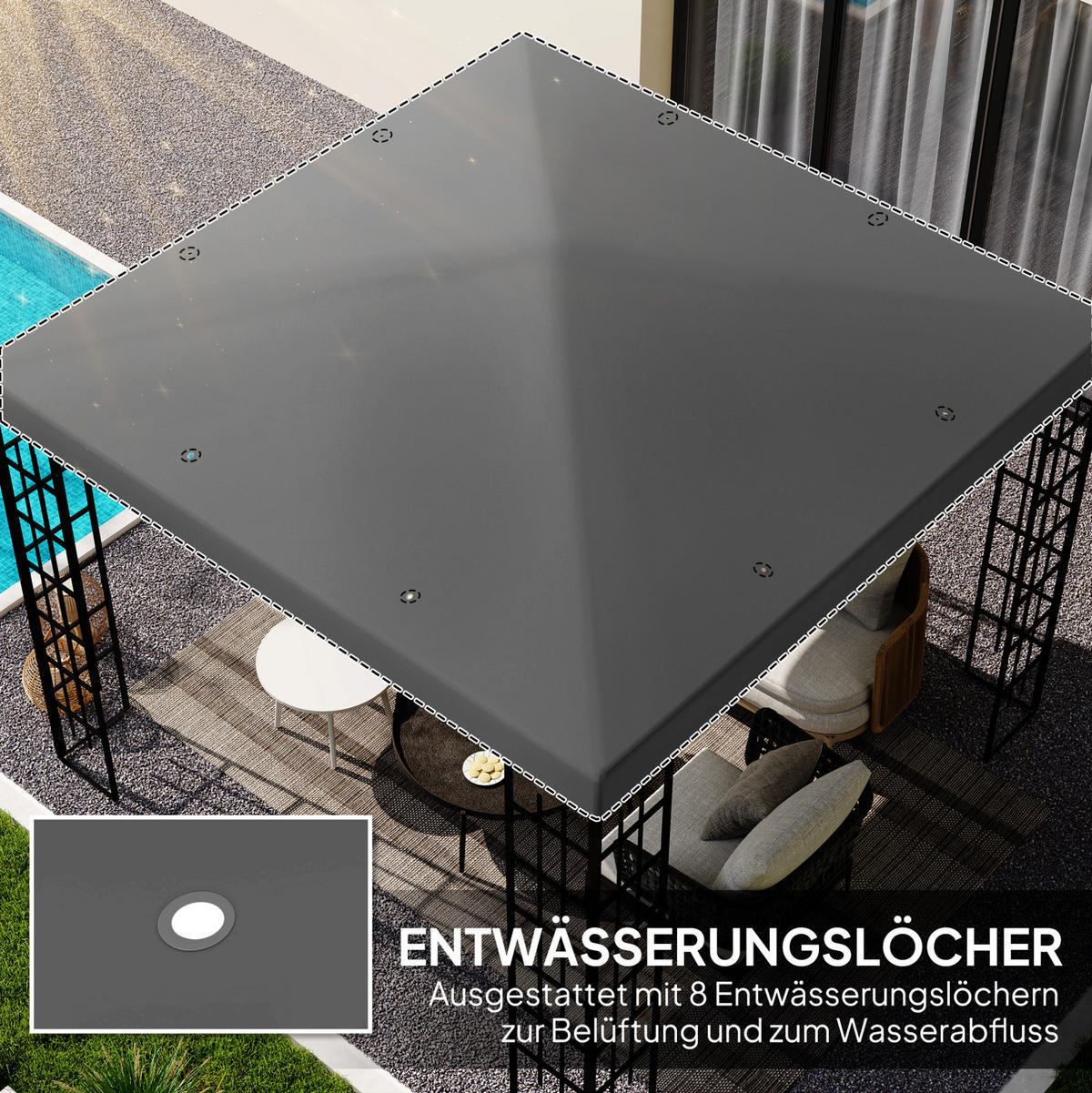 PAVILLON-ERSATZDACH 298/298 cm mit Klettverschluss und 8 Entwässerungslöchern aus Polyester, Dunkelgrau - Dunkelgrau, Textil (298/1/298cm) - Redom