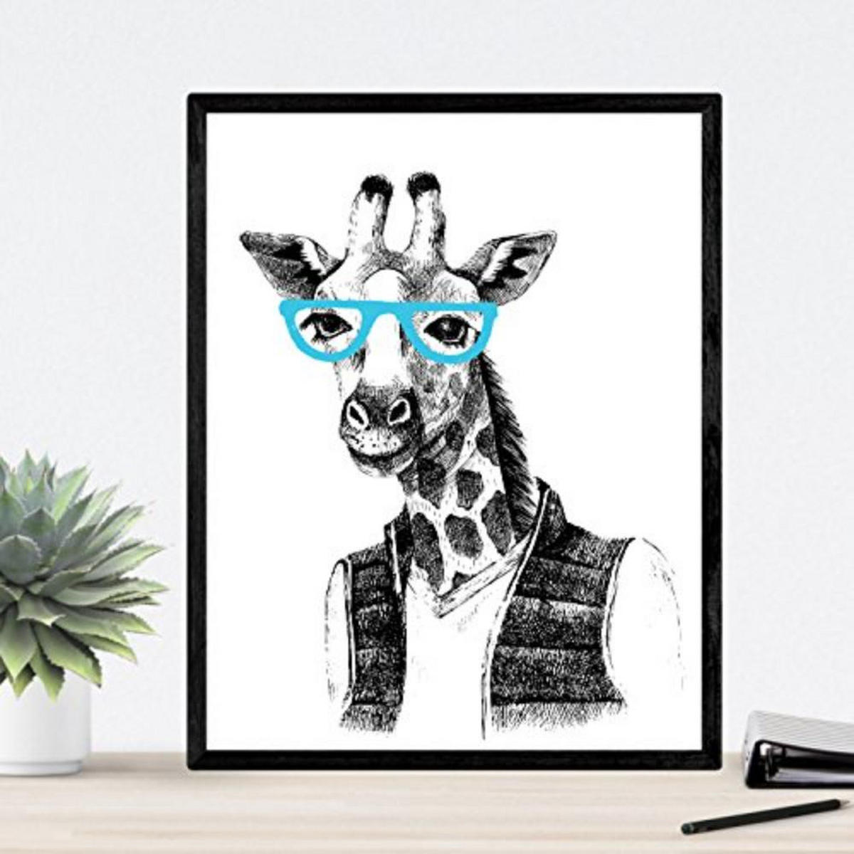 POSTER Set mit 4 „Hipster Animals“ A4 Schwarzer Rahmen - Schwarz, Papier (29.7/3cm) - Nacnic