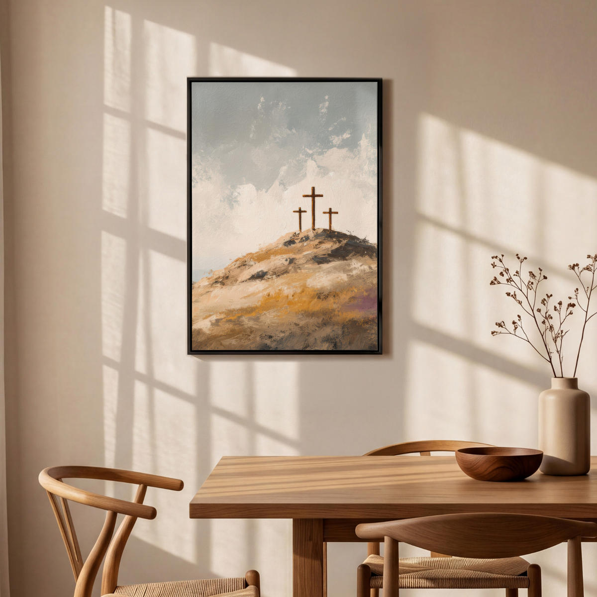 LEINWAND Bilder mit Rahmen - Hügel - Abstrakt - Christentum - Kreuz - 60x90 - Hellgrau, Textil (60/90cm) - MuchoWow