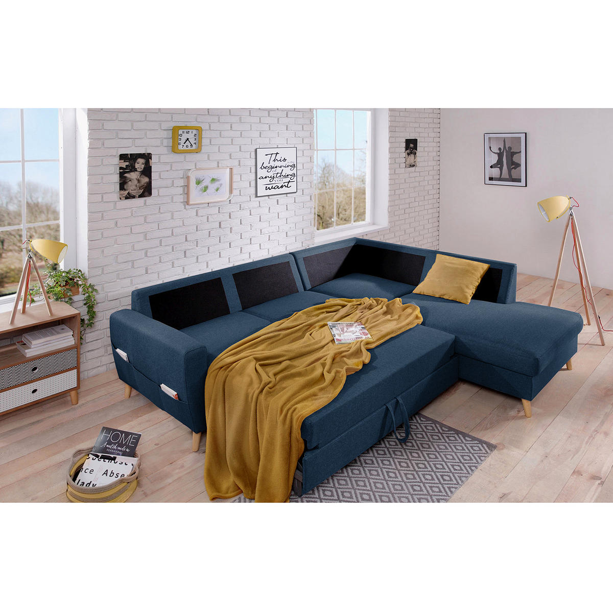 ECKSOFA mit Ottomane - Webstoff - Hellbraun/Blau, Holz/Textil (230/200cm) - home24