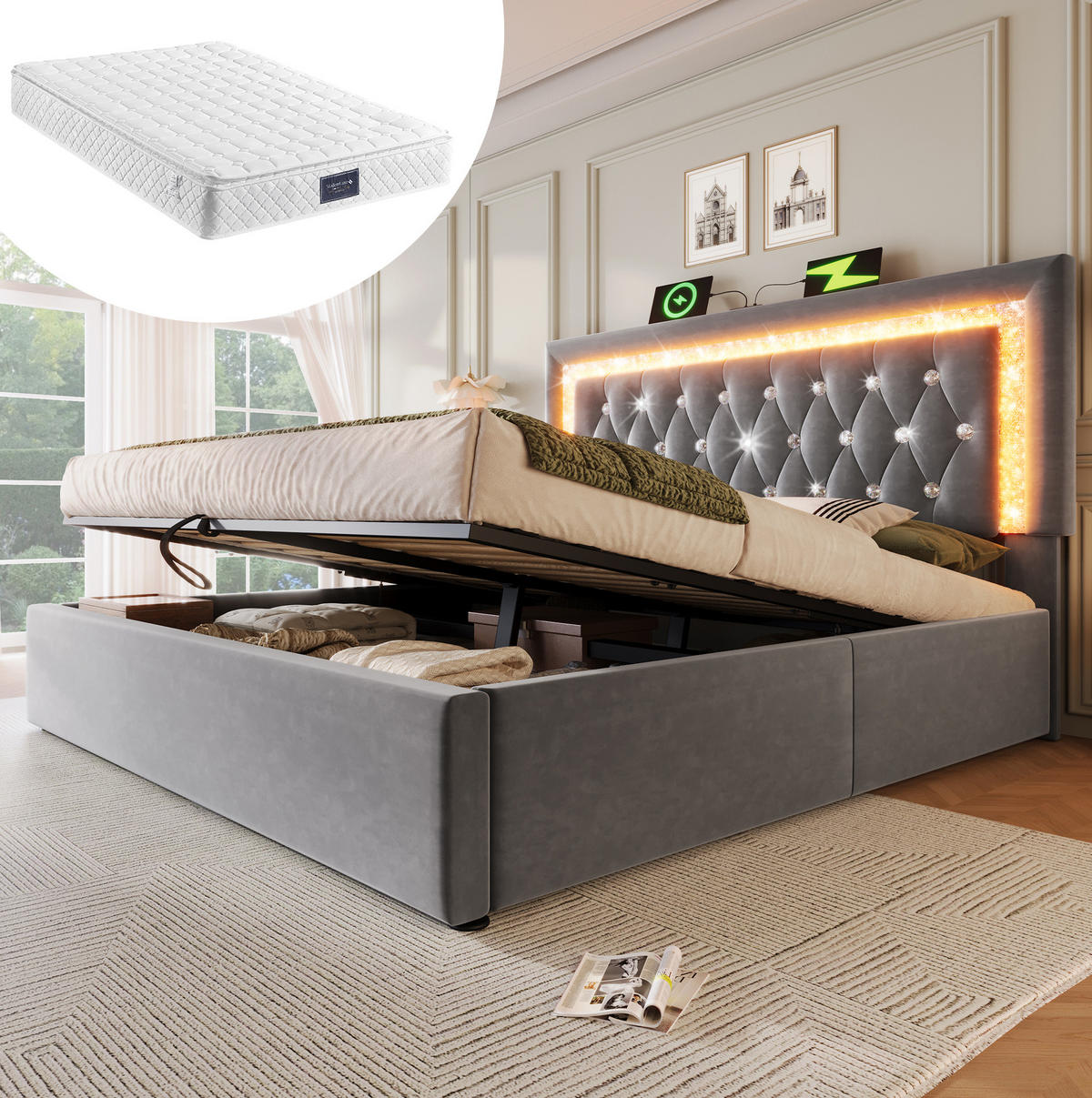POLSTERBETT 160/200 cm Grau aus Samt mit LED, Bettkasten und Matratze - Grau, Textil (160/200cm) - OKMYHOME