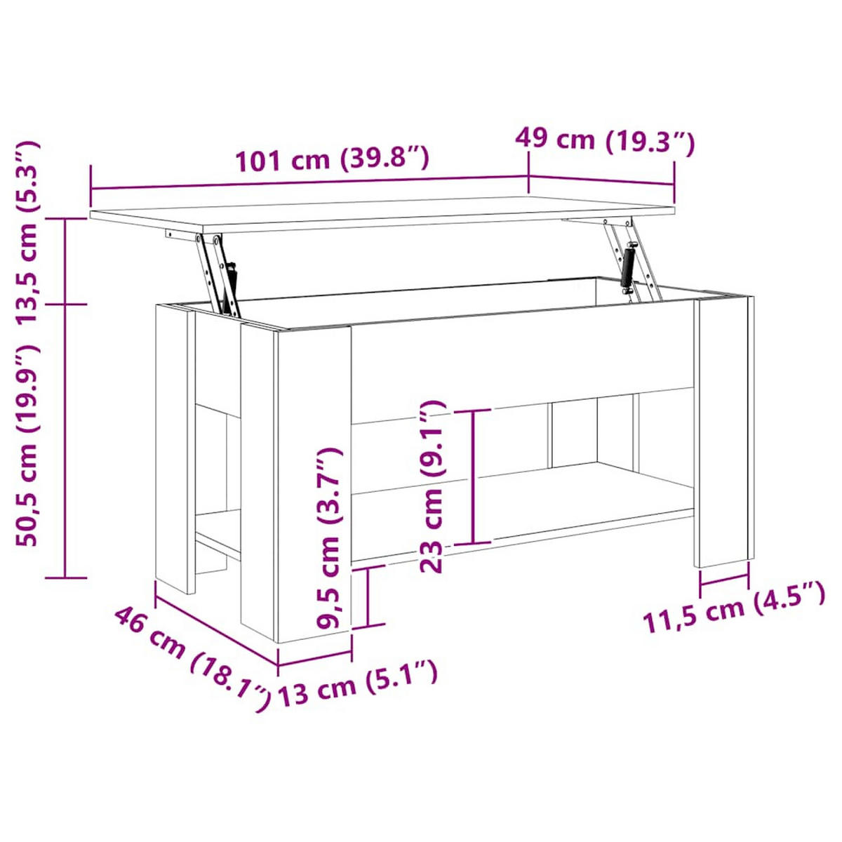 COUCHTISCH 101/49/52 cm aus Holzwerkstoff Betongrau mit Höhenverstellbarer Tischplatte, 1 Ablagefläche - Hellgrau, Holz (49/101/52cm) - vidaXL