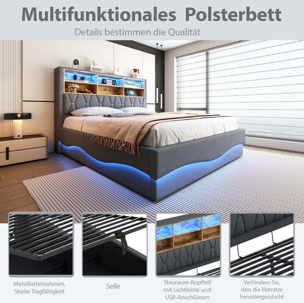 ČALOUNĚNÁ postel 140/200 cm s LED osvětlením, USB portem a hydraulickým úložným prostorem, Šedá - šedá, kov (140/200cm) - Redom