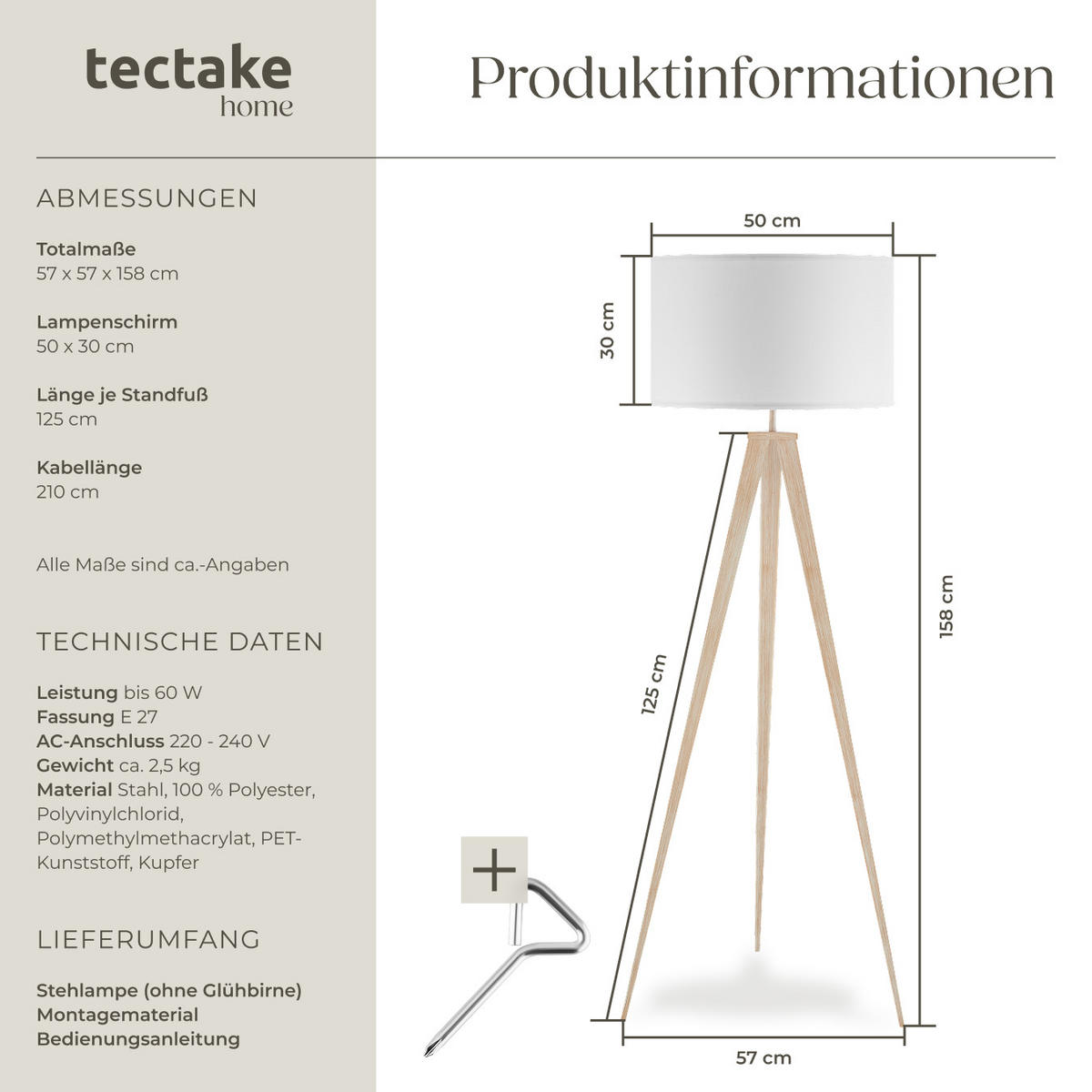 STEHLEUCHTE Lunaris,57 x 57 x 158 cm ,eiche - Eichefarben, Kunststoff (57/57/158cm) - tectake