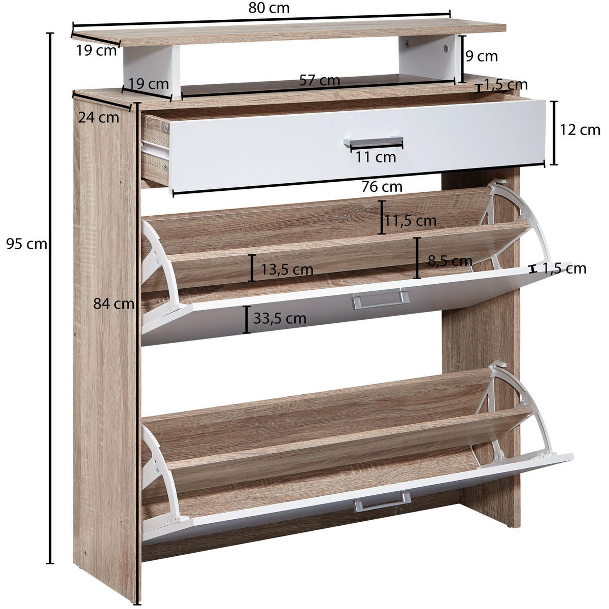 SCHUHKIPPER – Sonoma Eiche, 4 Fächer, großzügige Ablage, MDF-Holz - Beige, Holz (80/95/24cm) - KADIMA DESIGN