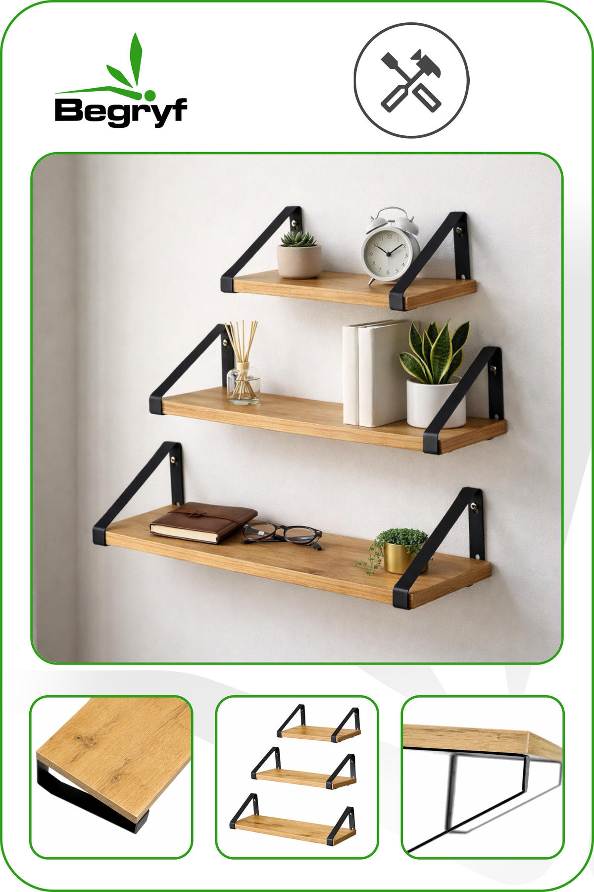 WANDREGAL Holzoptik Metall Eichefarben Schwarz SET 3 STK 40x12x11 cm 35x12x11 cm 30x12x11 cm - Eichefarben/Schwarz, Holzwerkstoff/Metall (12/11/40cm) - Begryf