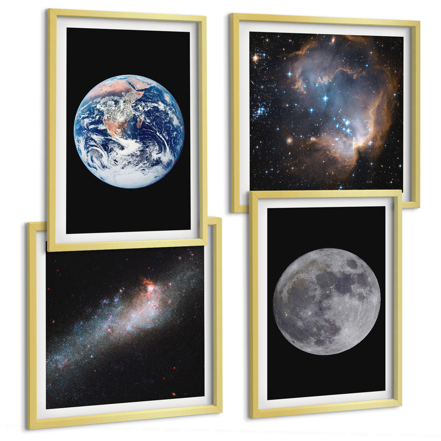BILDER SET 4er Set - 50x50 cm & 40x60 cm Goldrahmen - Galaxie Weltraum Mond - Goldfarben, Kunststoff (50/50cm) - TULUP