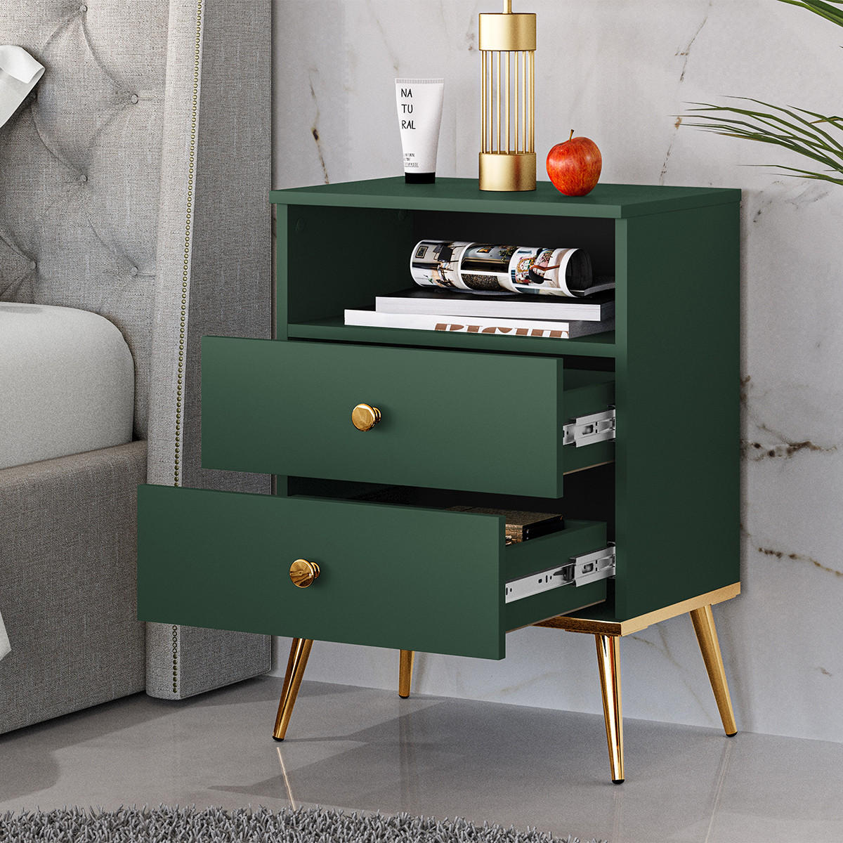 NOČNÍ STOLEK Thalia Zelená - zelená barva, kompozitní dřevo (50/70/34cm) - Petits-meubles