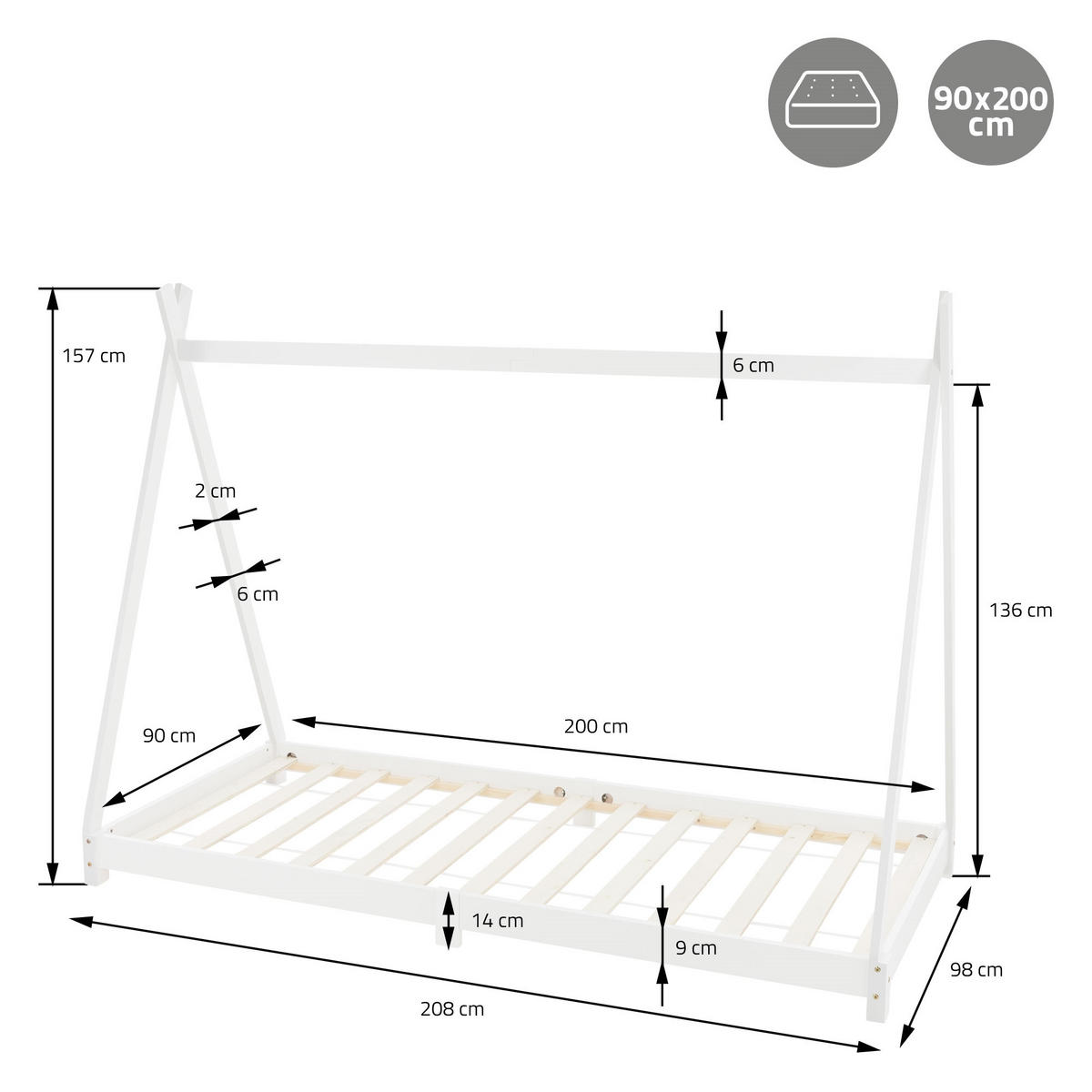 KINDERBETT Tipi 90x200 cm Weiß - Weiß, Holz (90/200cm) - ML-DESIGN