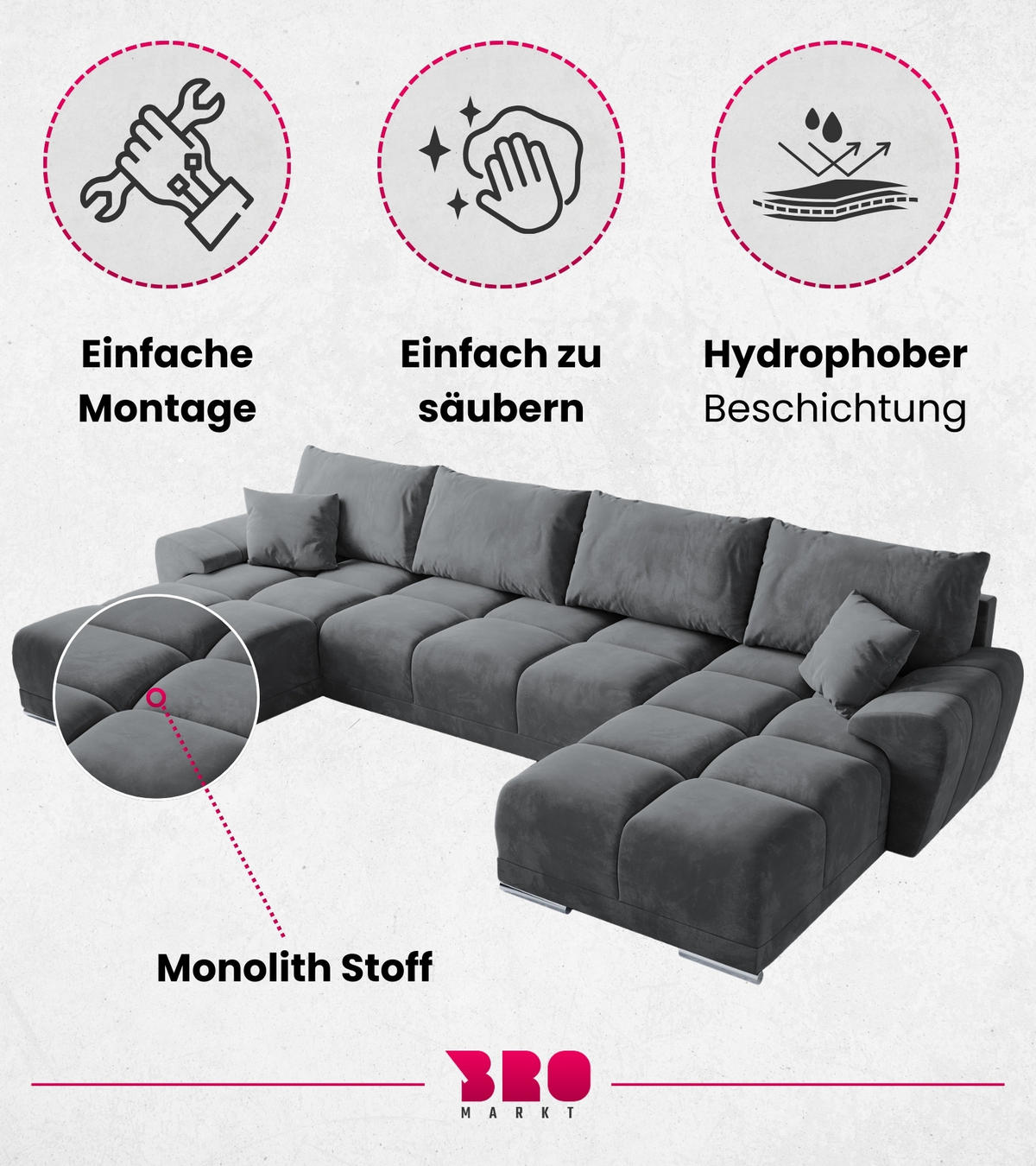 WOHNLANDSCHAFT Nubes mit Schlaffunktion Grau Plüsch - Silberfarben/Grau, Kunststoff/Textil (372/85/184cm) - Bromarkt