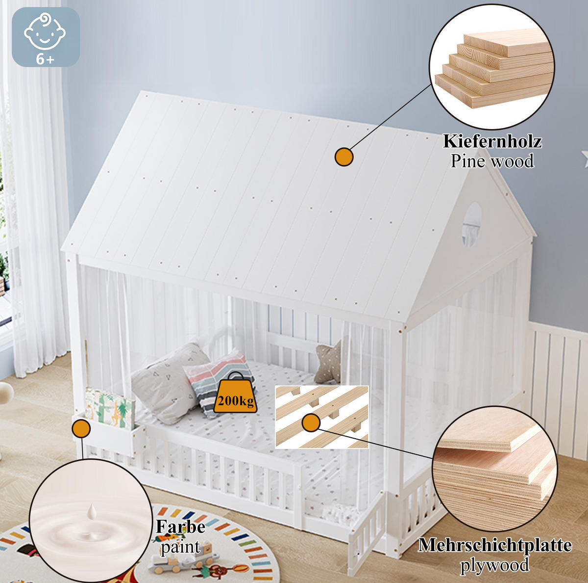 KINDERBETT 140/200 cm in Hausform mit Vorhängen und Stauraumfach - Weiß, Holz (140/200cm) - BEAOK