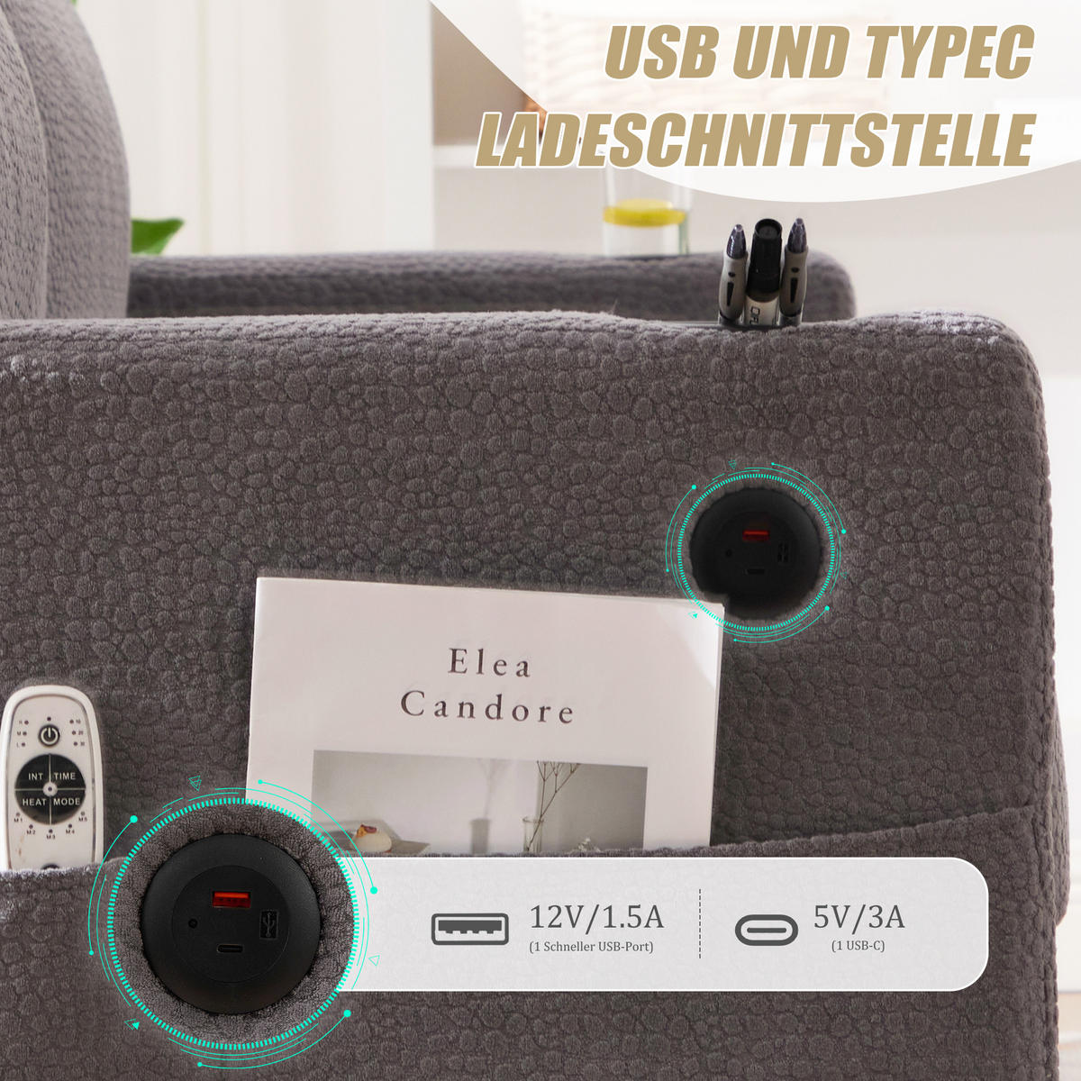 ZWEISITZER Sofa Chenille mit USB-Anschluss LED-Licht und Getränkehaltern 203/77,5/86 cm Hellgrau - Hellgrau, Textil (77.5/86/203cm) - Redom